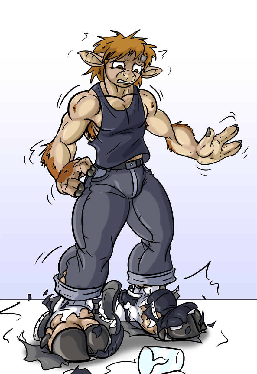 biceps bovine broken_glass brown_hair cattle clothing hair horn human keanon_woods male mammal muscle_growth muscles pecs solo torn_clothing transformation