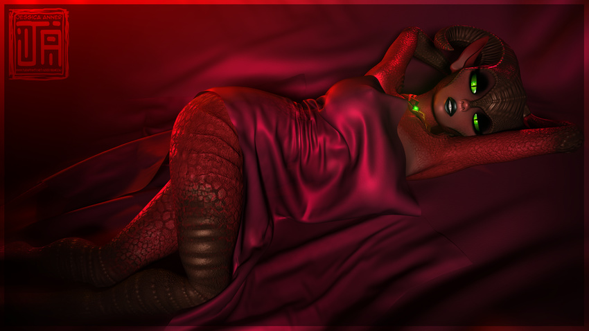 arms_behind_head bed big_breasts breasts collar covered_up demon ezria female gem glowing glowing_eyes green_sclera horn humanoid jessica_anner long_ears nude presenting red_scales satin silk succubus