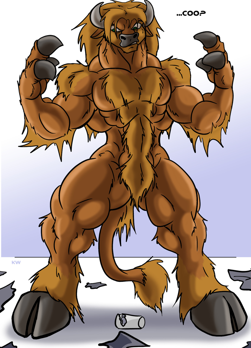 anthro big_muscles bovine cattle hair horn keanon_woods long_hair male mammal muscles nude solo transformation