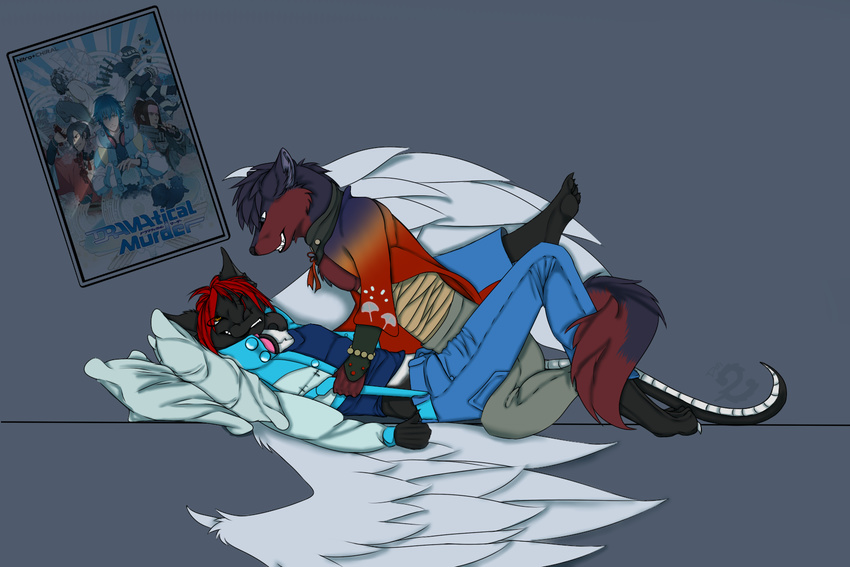 anakar anthro aoba_seragaki bandage canine clothing cosplay cuddling darachi dragon draze_angelwing grin jacket koujaku lying male mammal pillow poster shirt teasing wings wolf