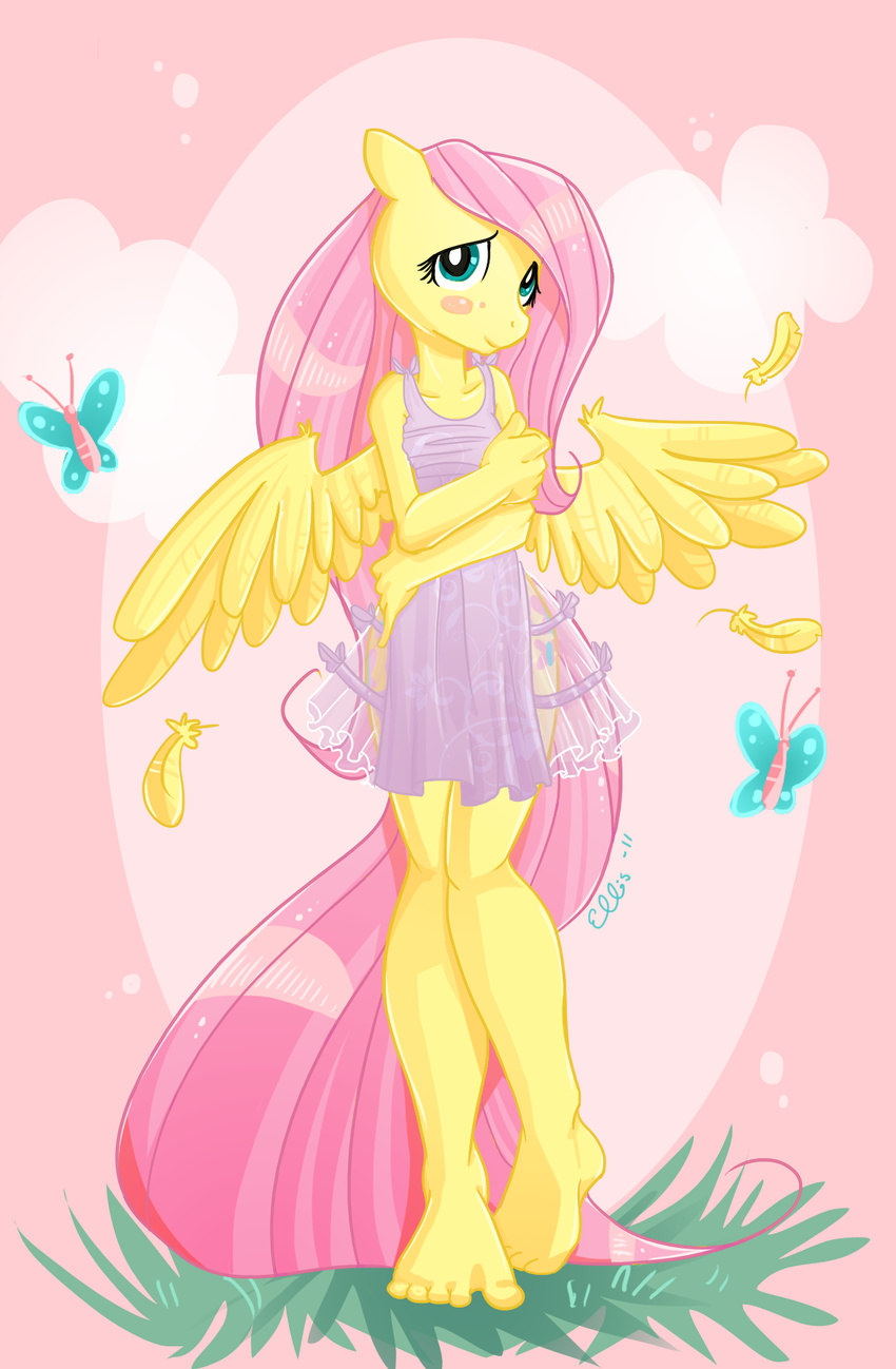2014 anthro anthrofied barefoot blue_eyes blush dress ellisarts equine feathers female fluttershy_(mlp) friendship_is_magic fur hair hindpaw long_hair looking_away mammal my_little_pony paws pegasus pink_hair smile solo standing wings yellow_feathers yellow_fur