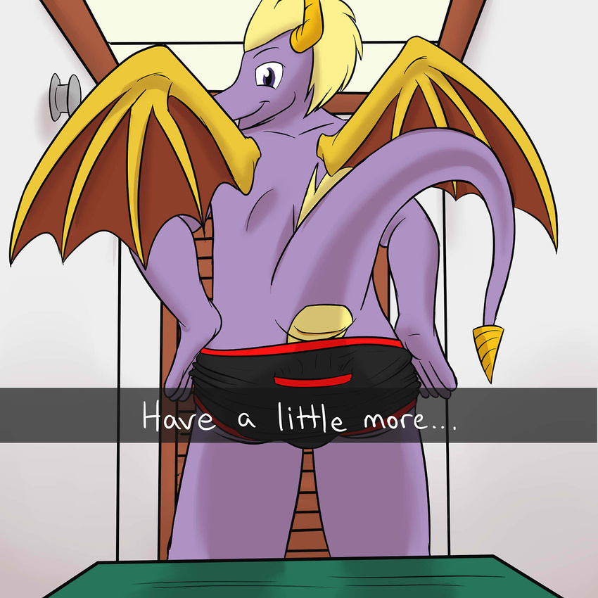 anthro black_underwear briefs bulge changing_room clothing dragon dressing_room english_text fuzebox hands_on_hips looking_at_viewer male purple_eyes purple_scales raised_tail scalie snapchat solo spyro spyro_the_dragon text underwear video_games western_dragon wings