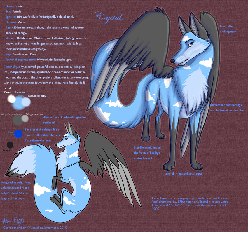 2011 black_feathers black_fur blue_fur canine female feral flying fur mammal markings model_sheet pose saruki solo white_fur wings wolf