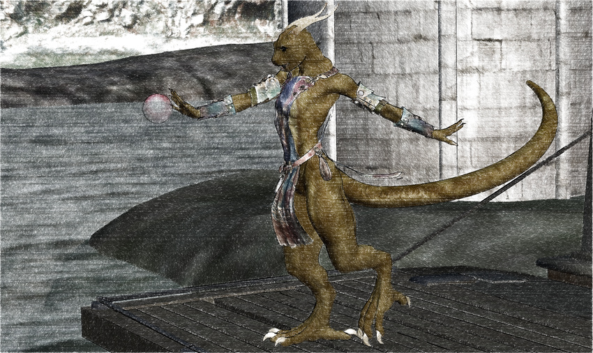 3d ambiguous_gender annonymouse anthro armor belt bottomless clothed clothing crystal_ball digitigrade dragon fan_character featureless_crotch half-dressed horn levitation loincloth pouch rowan_shae scalie solo tabbard