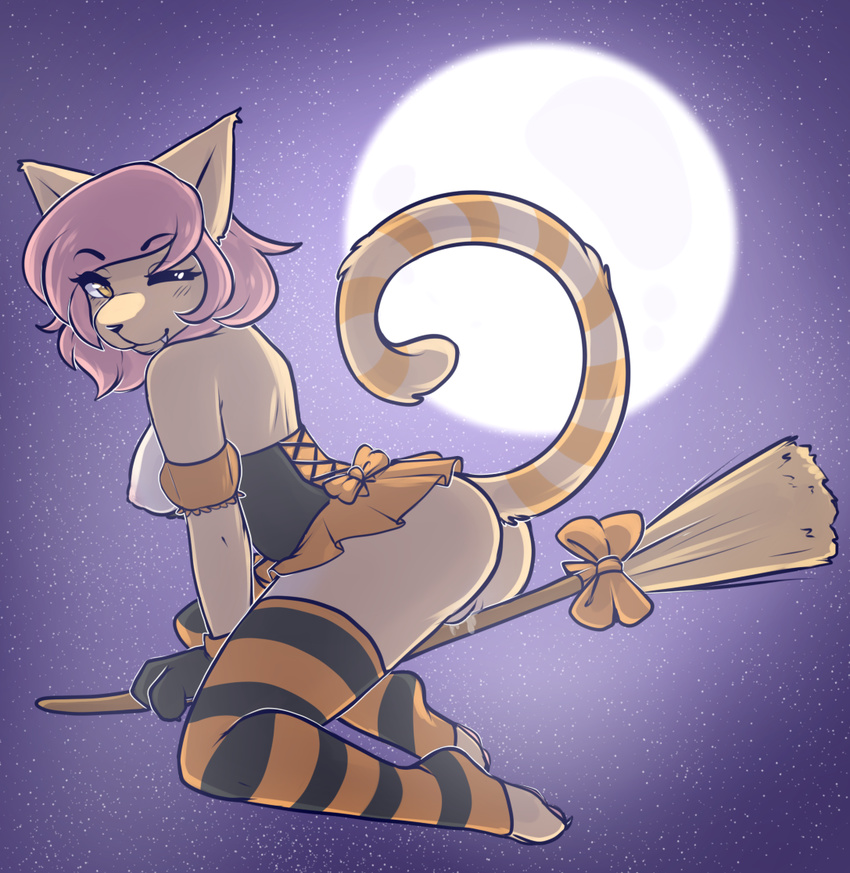 2014 anthro breasts broom butt cat clothed clothing digital_media_(artwork) exposed_breasts feline female gloves hair lacing legwear mammal moon no_underwear on_top one_eye_closed outside pussy pussy_juice skimpy sky solo star starry_sky straddling striped_legwear toeless_socks wet_pussy zyira