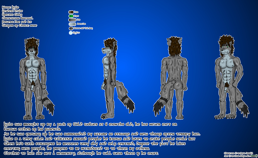 anthro badwolf15 brown_hair butt canine english_text fur grey_fur hair humanoid_penis lazlo male mammal model_sheet penis plain_background pubes scratch solo text wolf