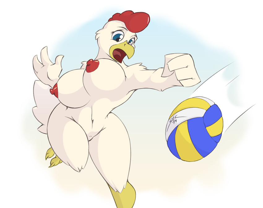 2014 anthro avian ball beak big_breasts bird blue_eyes breasts chicken erect_nipples female nipples nude open_mouth red_nipples solo spotty_the_cheetah talons tongue volleyball