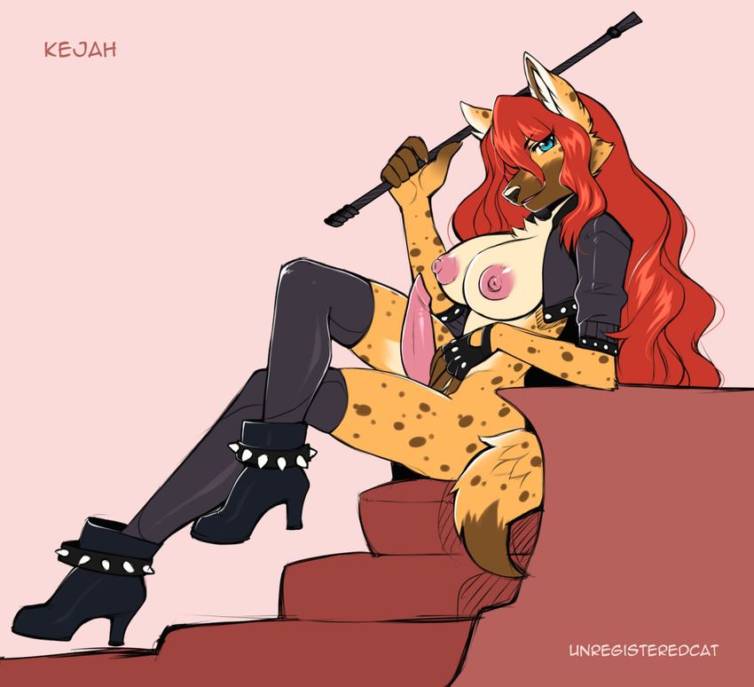 animal_genitalia breasts canine canine_penis dickgirl erection high_heels hyena intersex kejah leather legwear looking_at_viewer mammal penis riding_crop seated solo thigh_highs unregisteredcat