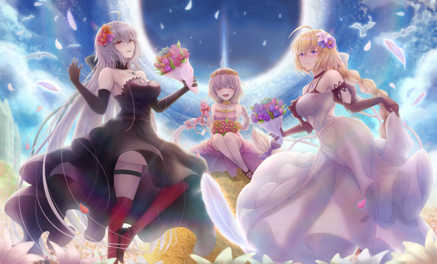 3girls absurdres ahoge bangs bare_shoulders black_dress blonde_hair blue_eyes blue_sky blush bouquet braid breasts cleavage closed_eyes closed_mouth dress elbow_gloves fate/apocrypha fate/grand_order fate_(series) flower gloves highres huge_filesize jeanne_d'arc_(alter)_(fate) jeanne_d'arc_(fate) jeanne_d'arc_(fate)_(all) jeanne_d'arc_alter_santa_lily large_breasts long_braid long_hair looking_at_viewer multiple_girls open_mouth penguintake pink_dress revision silver_hair single_braid sitting sky smile thighhighs very_long_hair white_dress yellow_eyes