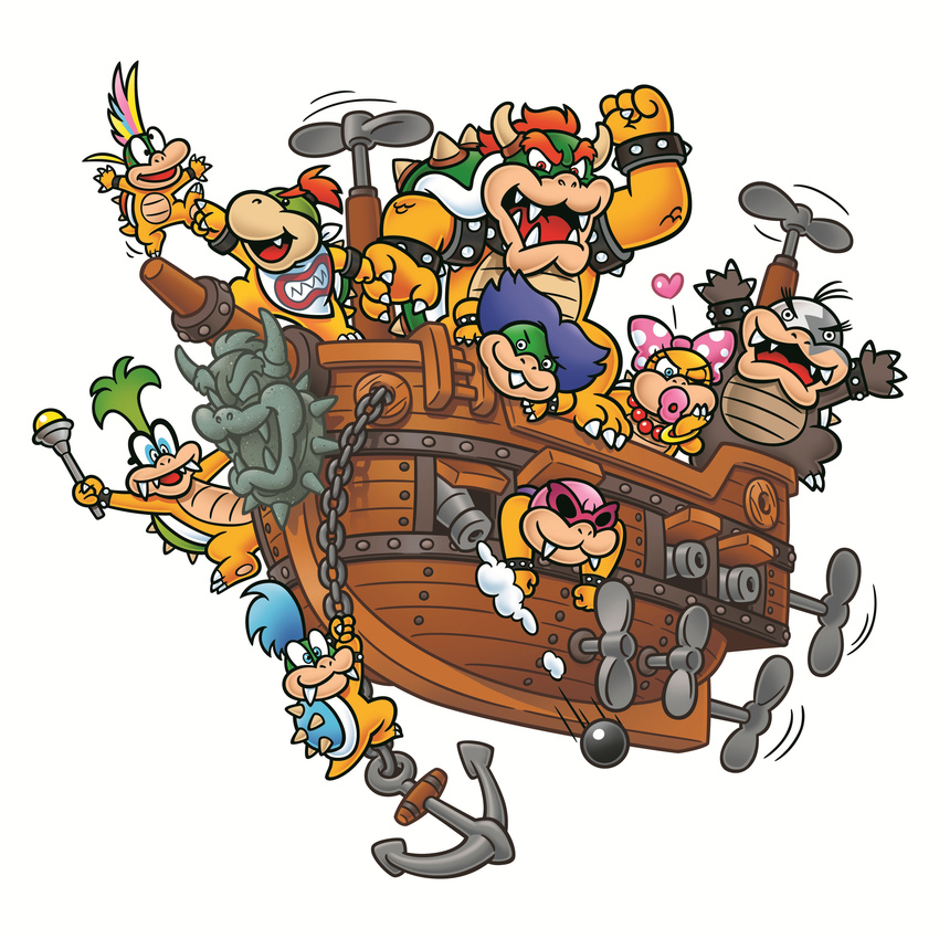 absurdres aircraft airship anchor blue_hair bow bowser bowser_jr. cannon cannonballs green_hair heart highres iggy_koopa larry_koopa lemmy_koopa ludwig_von_koopa mario_(series) morton_koopa_jr. multicolored_hair no_humans official_art one_eye_closed rainbow_hair red_hair roy_koopa sunglasses super_mario_bros. turtle wendy_o._koopa