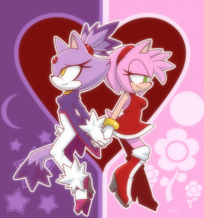 &lt;3 2014 amy_rose anthro blaze_the_cat breasts cat clothed clothing duo feline female fur green_eyes hair hand_holding hedgehog hi_res lesbian mammal nancher pink_fur pink_hair purple_fur ring sega sonic_(series) yellow_eyes