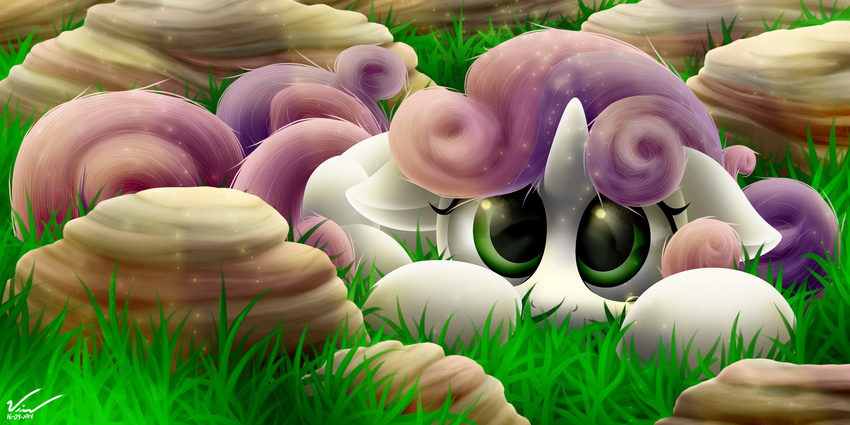 2014 cub equine female feral friendship_is_magic fur grass green_eyes hair hi_res horn lying mammal my_little_pony outside rock solo sweetie_belle_(mlp) symbianl two_tone_hair unicorn white_fur young