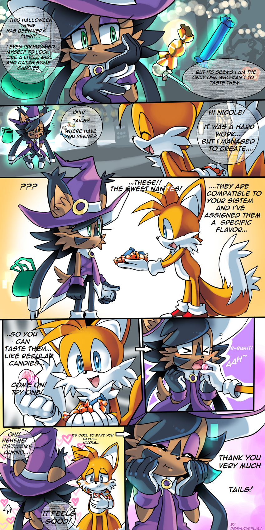 2014 anthro candy canine cute dialogue drawloverlala english_text feline female fox halloween holidays lynx male mammal miles_prower nicole_the_lynx sega sonic_(series) text