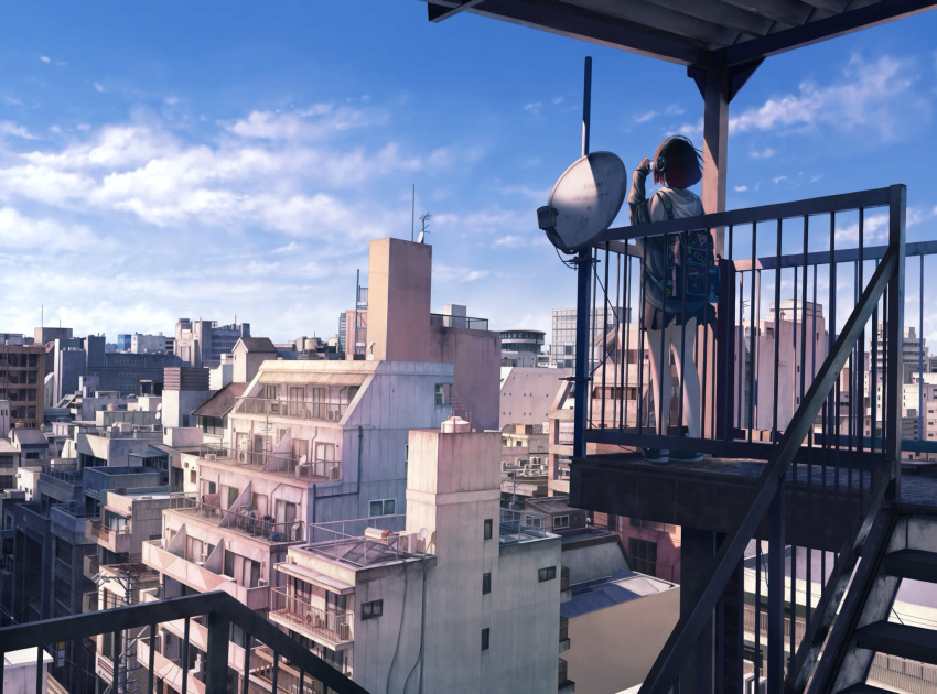 apartment backpack bag blue_sky building city cityscape cloud commentary_request fence filming headphones highres horizon original outdoors pleated_skirt railing rooftop satellite_dish scenery shoes short_hair skirt sky skyline sneakers solo stairs stairwell taking_picture winter_parasol