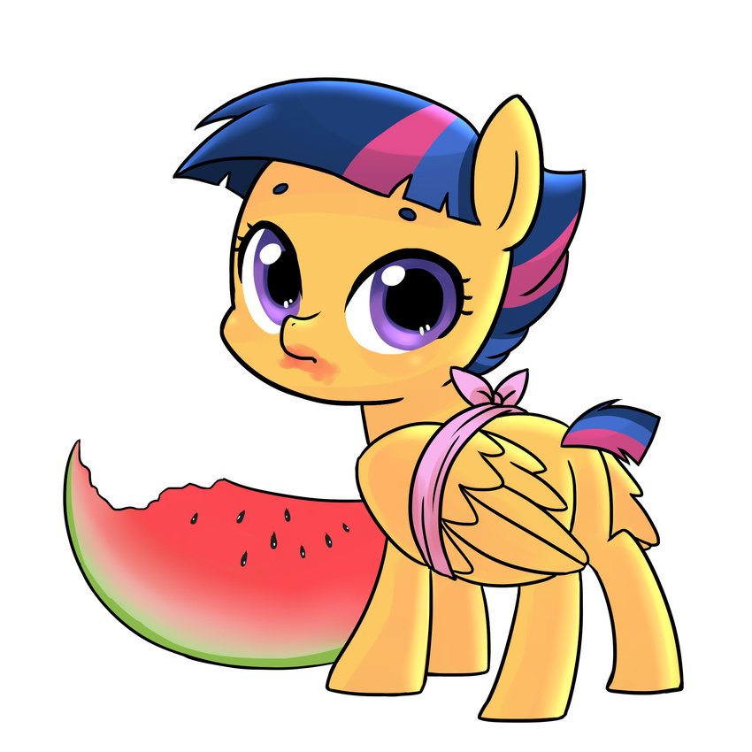 2014 color equine fan_character female feral fur hair kilala97 looking_at_viewer mammal multicolored_hair my_little_pony pegasus plain_background purple_eyes short_tail solo starburst watermelon wings yellow_fur