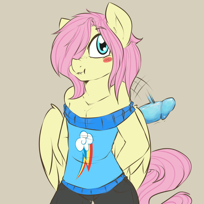 2014 animated anthro anthrofied bare_shoulders biting_lip blue_eyes blush butterscotch_(mlp) clothing dildo equine fluttershy_(mlp) friendship_is_magic fur hair male mammal my_little_pony pegasus pink_hair plain_background rainbowscreen sex_toy solo wings yellow_fur