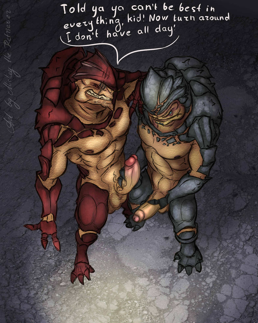 2014 4_balls abs alien anthro balls barefoot biceps big_penis bird's-eye_view blue_eyes blue_skin brown_skin claws comparing dialogue digitigrade duo english_text erection fangs gay glans grin grunt_(mass_effect) high-angle_shot holding_penis humanoid_penis krogan male mass_effect mickey_the_retriever multi_balls muscles nipples nude pecs penis red_eyes red_skin scales scalie slit_pupils teeth text toe_claws toned uncut urdnot_wrex vein video_games