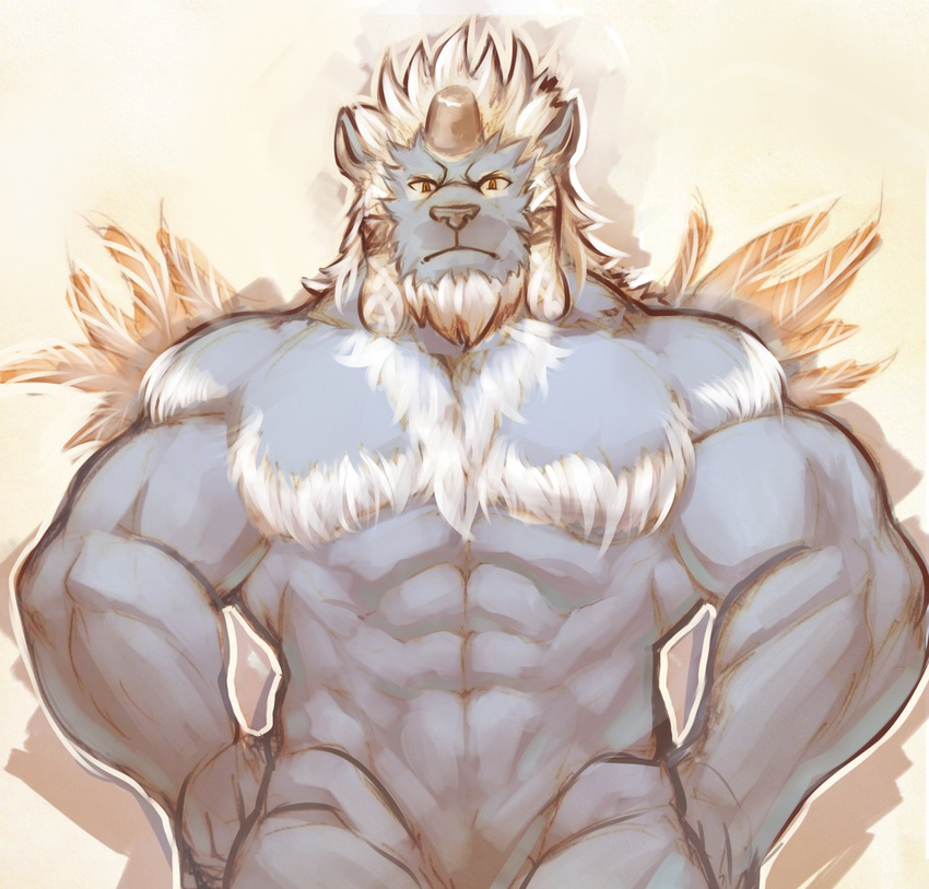 abs anthro biceps big_muscles blue_fur final_fantasy final_fantasy_x fur grey_nose hair horn istani kimahri looking_at_viewer male muscles nude orange_eyes pecs plain_background pose ronso solo standing toned video_games white_background white_fur white_hair