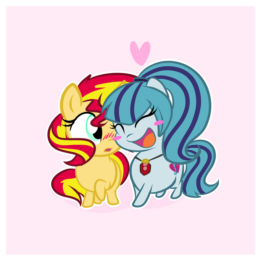 &lt;3 2014 blonde_hair blue_eyes blue_hair blush chibi cuddling cute cutie_mark duo equestria_girls equine female feral hair horn horse hug mammal my_little_pony necklace pony ponytail red_hair smile sonata_dusk_(eg) sunset_shimmer_(eg) two_tone_hair unicorn xwhitedreamsx