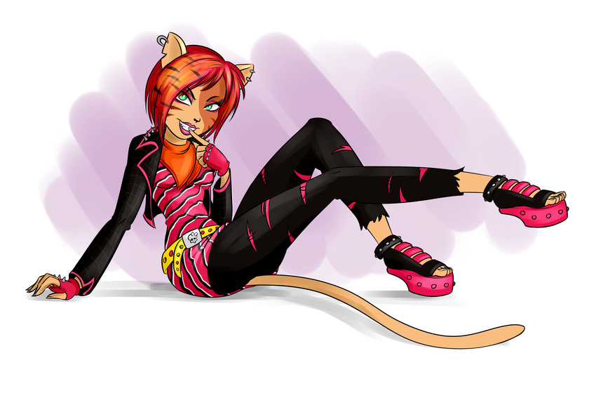 anthro ear_piercing female fingerless_gloves gloves green_eyes hair lips looking_at_viewer monster_high orange_hair piercing solo toralei_stripe unknown_artist werecat