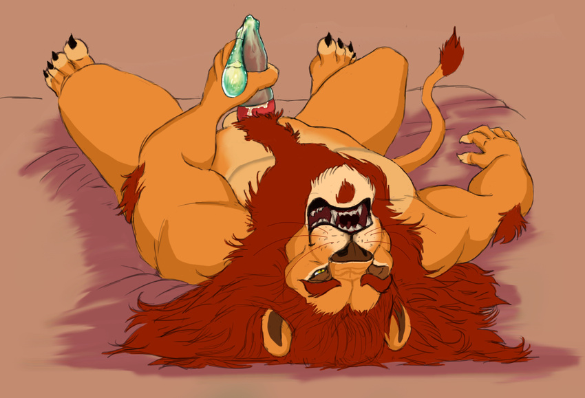 anthro balls body_hair brown_markings condom cum cumshot fangs feline filled_condom fur hair happy_trail lion lying male mammal mane markings masturbation muscles on_back one_eye_closed open_mouth orange_fur orgasm parent penis red_fur red_hair red_mane solo tan_fur whiskers yellow_eyes