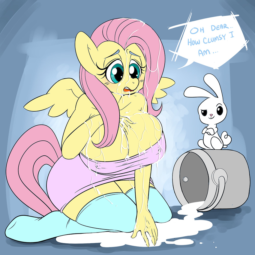 angel_(mlp) anthro big_breasts blush breasts bucket cleavage clothed clothing doggie999 equine feathers female fluttershy_(mlp) friendship_is_magic fur hair hooves horse kneeling lagomorph legwear long_hair male mammal milk my_little_pony nipple_bulge open_mouth pegasus pink_hair pony rabbit skimpy smile spill stockings teal_eyes text white_fur wings yellow_fur