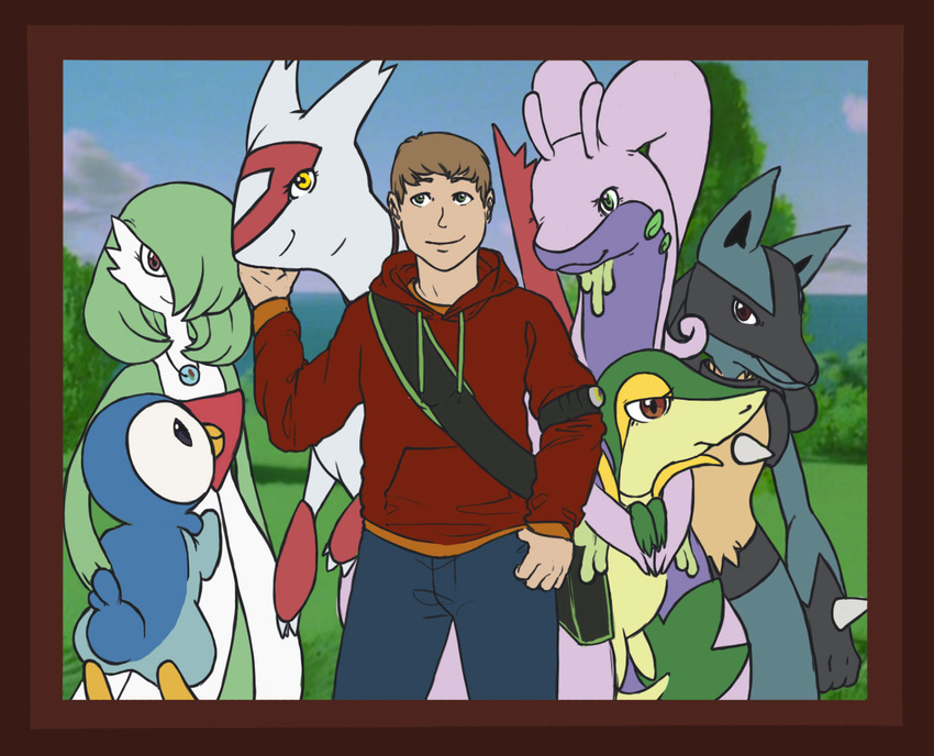 anthro avian bag beak bird black_eyes blue_fur brown_eyes brown_hair canine chokemesoftly_(artist) cloud dress edit fan_character female feral fur gardevoir gastropod goodra green_eyes green_hair group hair hoodie human humanoid latias legendary_pok&eacute;mon looking_at_viewer lucario male mammal necklace nintendo penguin piplup pok&eacute;mon pok&eacute;mon_trainer red_eyes reptile scalie sky slime slug smile snivy sweatshirt tree video_games yellow_eyes