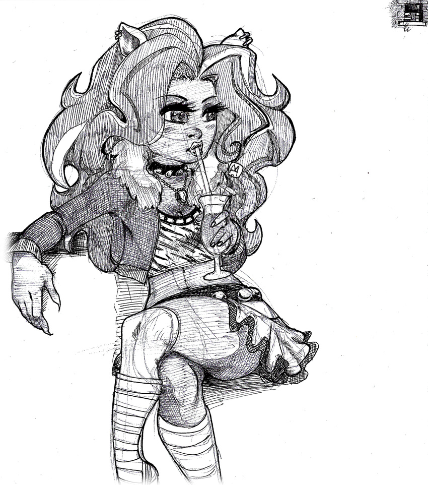 canine clawdeen_wolf cleavage clothed clothing drinking ear_piercing female lips mammal monochrome monster_high necklace piercing solo were werewolf