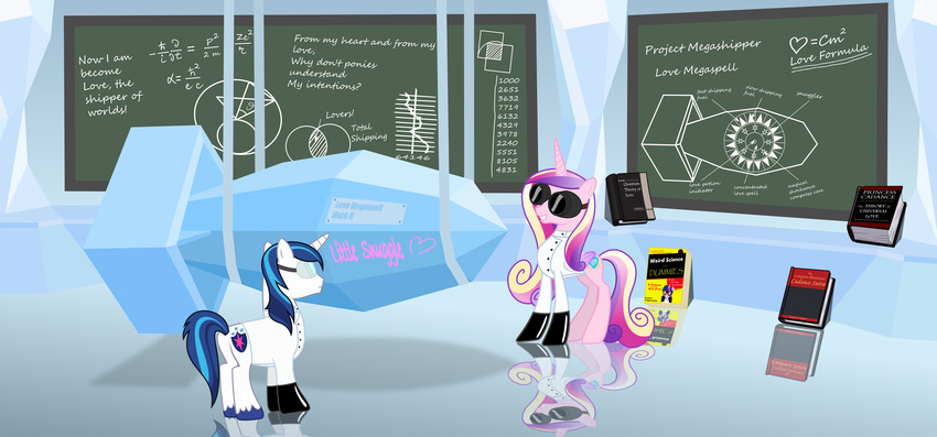 &lt;3 2014 absurd_res clothing cuddling detailed_background equine eyewear female feral friendship_is_magic hi_res horn horse magister39 male mammal my_little_pony princess_cadance_(mlp) raised_tail science shining_armor_(mlp) the_emperors_new_groove twilight_sparkle_(mlp) unicorn winged_unicorn wings