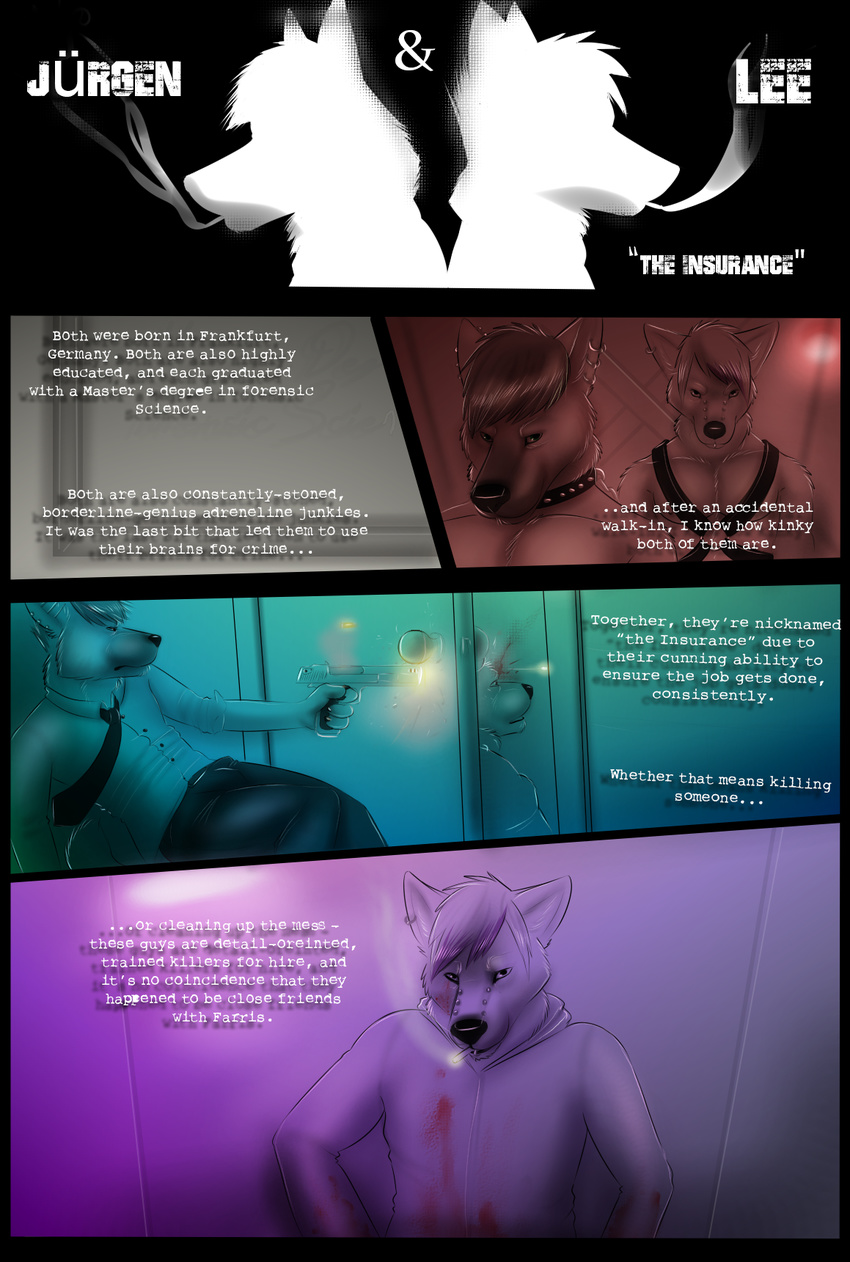 anthro blood canine cigarette clothing collar comic dialogue dog duo english_text gloebis green_eyes gun hair looking_at_viewer male mammal muscles open_mouth piercing pistol ranged_weapon red_eyes smoke smoking text weapon wolf