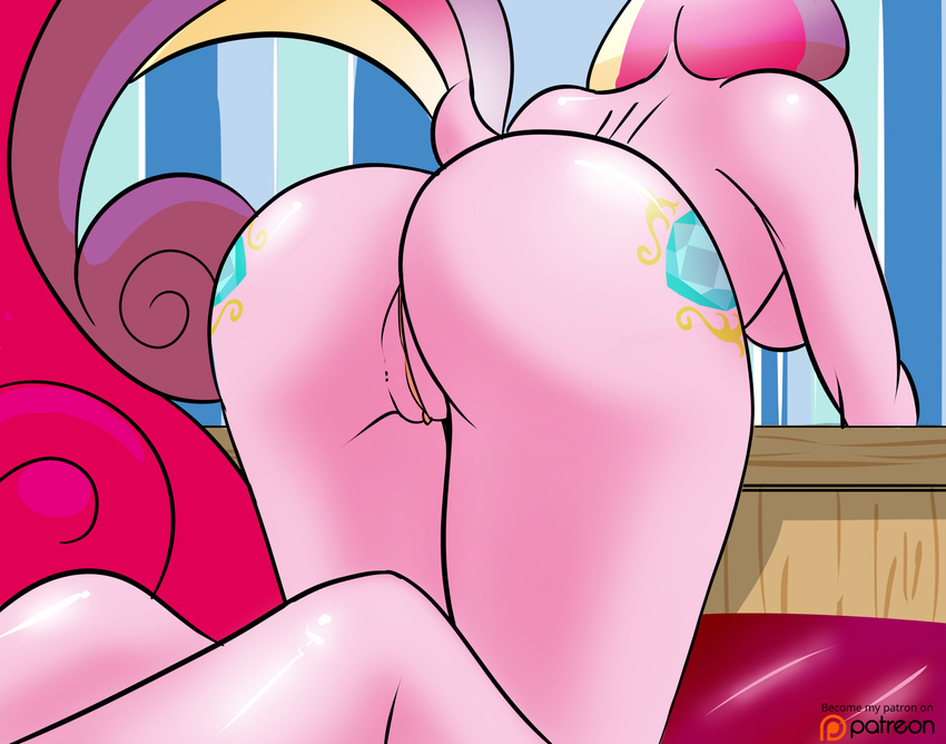 anthro bed breasts butt clitoris cutie_mark equine female friendship_is_magic fur hair hi_res hooves horse long_hair mammal multicolored_hair my_little_pony nude pink_fur pony presenting princess_cadance_(mlp) pussy raised_tail rear_view solo the-unicorn-lord
