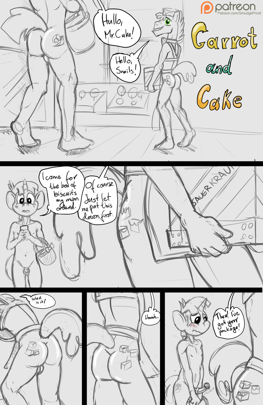 age_difference anthro anthrofied apron box cub duo exhibitionism friendship_is_magic gay male mr_cake_(mlp) my_little_pony public public_nudity sauerkraut size_difference sketch smudge_proof snails_(mlp) young