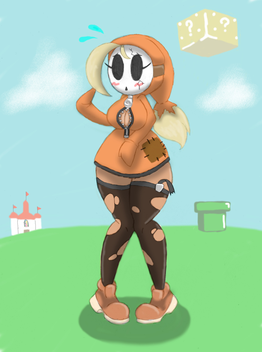 big_breasts bit-small blonde_hair breasts cleavage clothed clothing dark_skin female hair hood humanoid legwear mario_bros mask nervous nintendo not_furry ponytail shy shygirl shyguy stitches stockings straps tan tatters torn_clothing video_games wide_hips