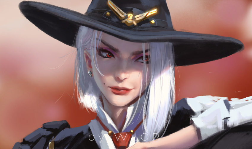 armor ashe_(overwatch) close cowgirl hat overwatch realistic red_eyes short_hair tie watermark white_hair wlop