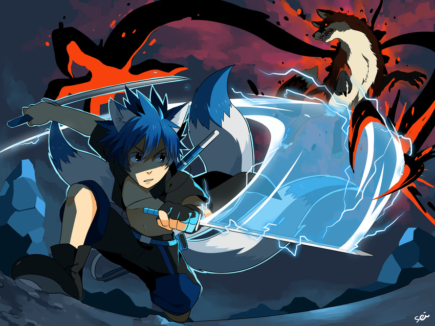 ambiguous_gender battle blue_hair canine demon duo fox hair jace_(character) kaito male mammal melee_weapon multiple_tails night seiryuuden sword weapon