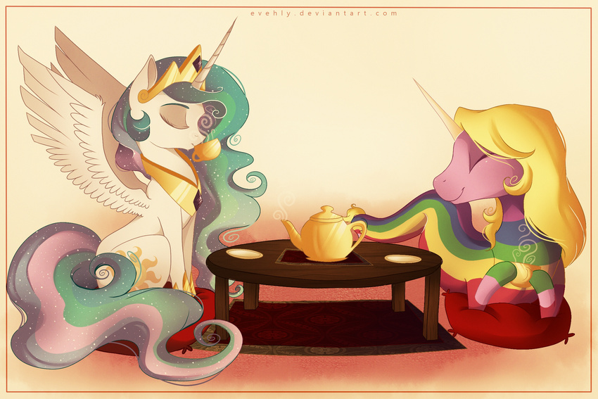 2014 adventure_time crossover cup drinking duo equine evehly eyes_closed female feral friendship_is_magic horn horse lady_rainicorn mammal my_little_pony princess_celestia_(mlp) smile tea tea_pot winged_unicorn wings