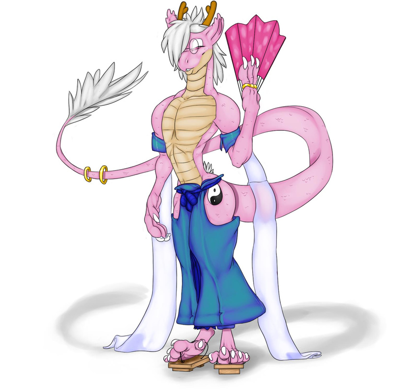 chinese chinese_dragon claws clothed clothing dragon eyewear fan girly glasses hair half-dressed heartman98 horn jewelry male plain_background red_eyes ring scalie solo tail_jewelry tail_ring tall tattoo topless white_background white_hair wide_hips yin_yang