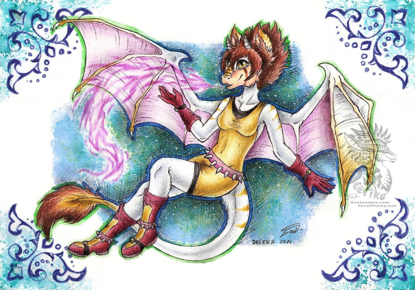 2014 abstract_background anthro boots chest_tuft dragon drerika dress ear_tuft female fire fire_breathing fur furred_dragon horn inner_ear_fluff smile solo tail_tuft thick_tail traditional_media_(artwork) tuft watermark wings