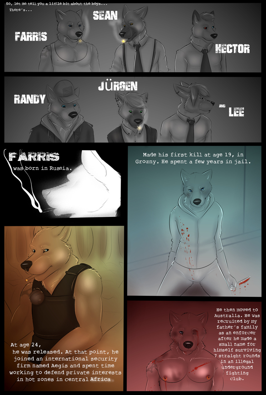 anthro blood blue_eyes canine cigarette clothing comic dialogue dog english_text explosives gloebis green_eyes grenade group hat knife male mammal muscles piercing smoke text vest violence wolf
