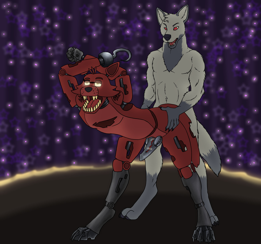 2014 anal anal_penetration animatronic anthro buckthorn_(artist) canine duo erection five_nights_at_freddy's fox foxy_(fnaf) fur gay hook hook_hand knot machine male mammal mechanical nude open_mouth penetration penis robot sex teeth video_games wolf zearoth