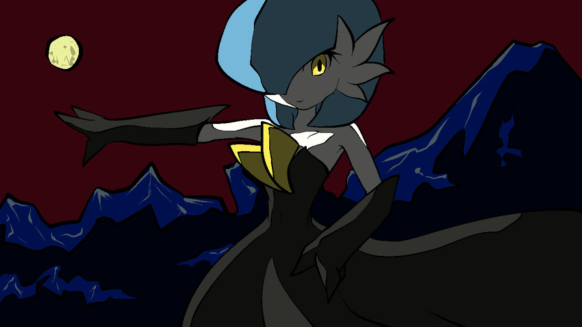 blue_hair dress fantajii_dm_(artist) female gardevoir hair humanoid mega_evolution mega_gardevoir moon night nintendo outside pok&eacute;mon solo video_games yellow_eyes