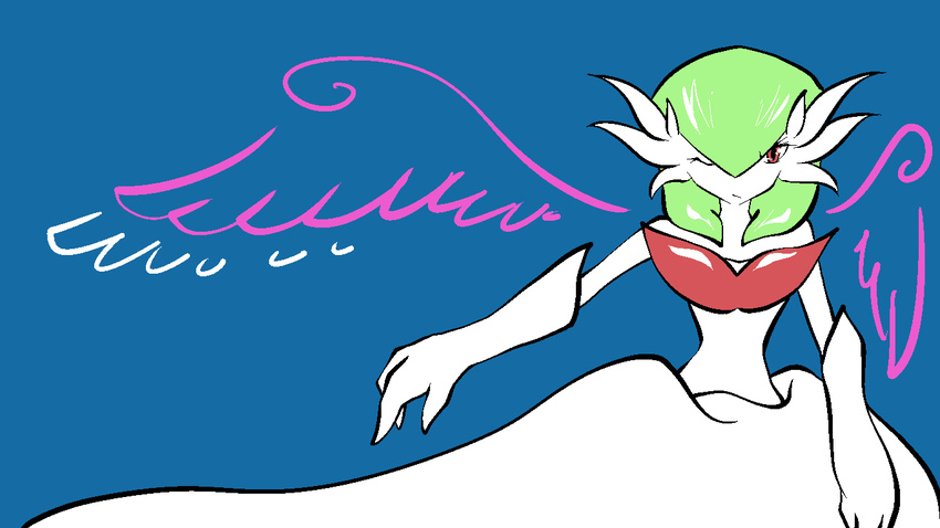 dress fantajii_dm_(artist) female gardevoir gloves green_hair hair humanoid mega_evolution mega_gardevoir nintendo one_eye_closed plain_background pok&eacute;mon red_eyes solo video_games wings wink