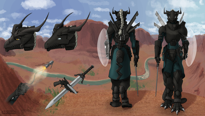 2014 3_toes anthro armor black_skin braided_hair claws clothed clothing digital_media_(artwork) digitigrade dragon gladius glowing gun hair holding_weapon horn looking_at_viewer male melee_weapon model_sheet outside power_armor ranged_weapon revolver runei_worth science_fiction shield solo standing sword teeth toe_claws toes tokaido warrior weapon yellow_eyes