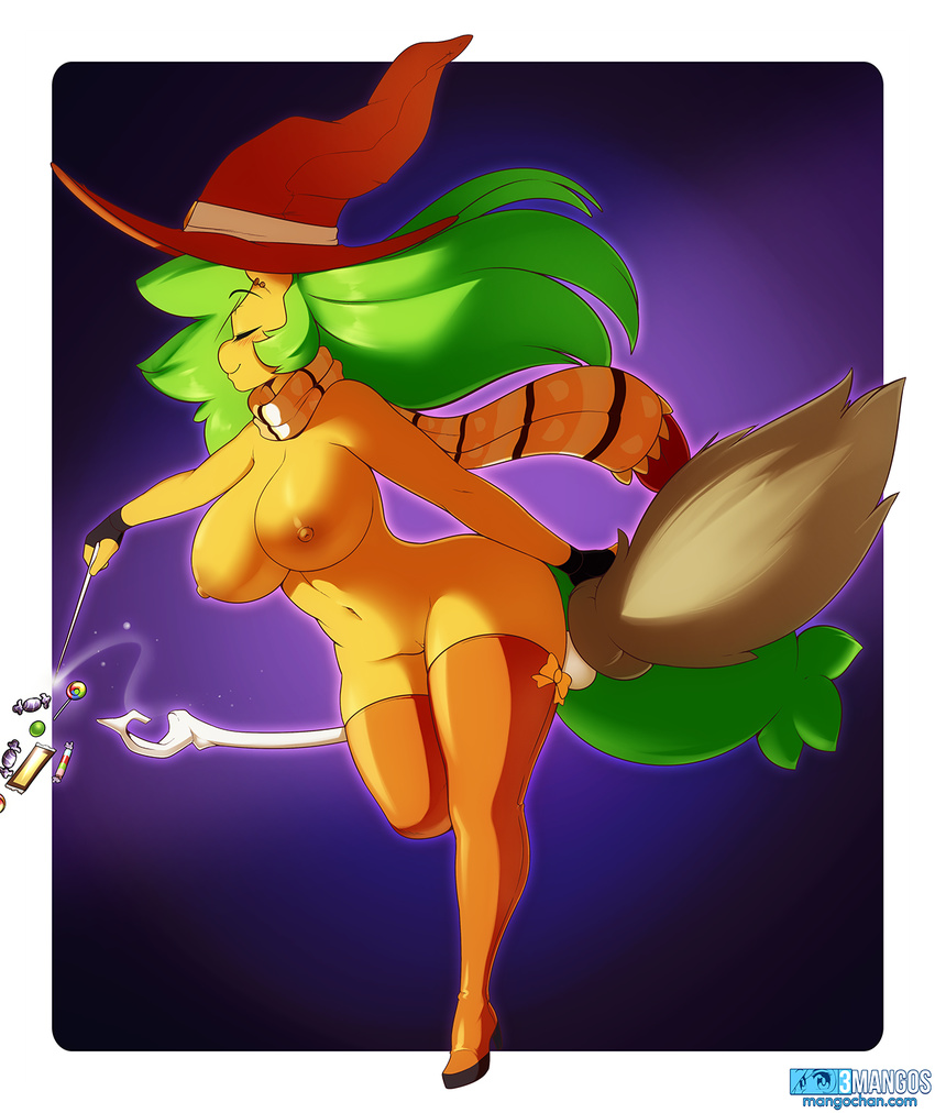 3mangos anthro big_breasts blush boots breasts broom ear_piercing equine eyes_closed female fingerless_gloves gloves green_hair hair hat horse legwear long_hair magic magic_user mammal navel nipples orange_nipples piercing pony pussy scarf sitting smile solo thick_thighs thigh_high_boots thigh_highs voluptuous witch yellow-skin