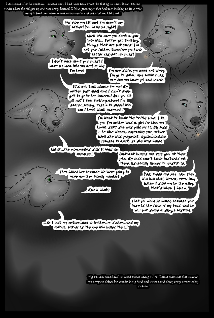 a_million_different_colors anthro blue_eyes canine cigarette comic crying cub dialogue dog english_text farris fox gloebis green_eyes kaylin male mammal plain_background smoke smoking tears text wolf young