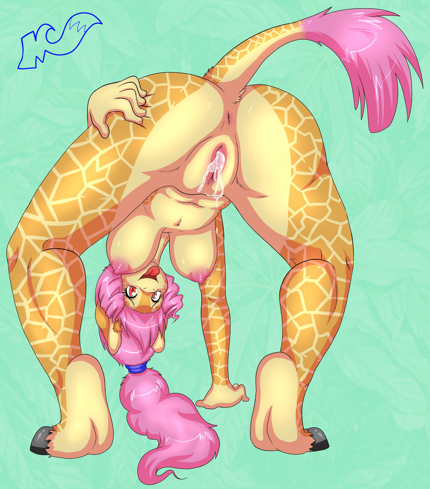 abstract_background anthro anus bent_over breasts butt cum cum_drip cum_in_pussy cum_inside dripping female giraffe hair hand_on_butt hooves mammal navel nipples nude pink_hair ponytail presenting presenting_hindquarters pussy raised_tail rear_view skidd smile solo spreading standing tongue tongue_out under_boob