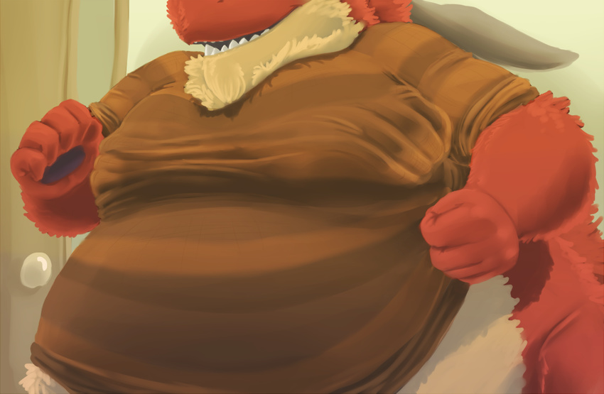 anthro big_ears bottomless chest_tuft clothed clothing dragon fist fur furred_dragon half-dressed male nixx obese overweight red_fur scalie simple_background smile solo sweater teeth tuft