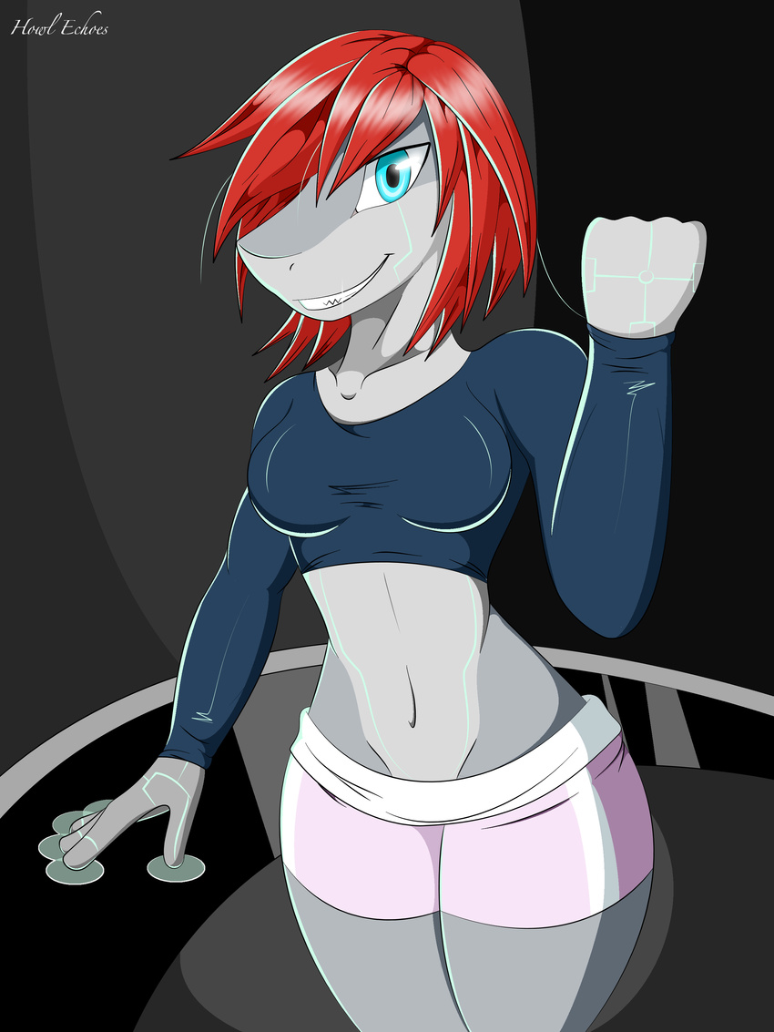 anthro blue_eyes blue_shirt breasts clothing female fish hair hi_res howl_echoes looking_at_viewer marine red_hair shark shorts smile solo