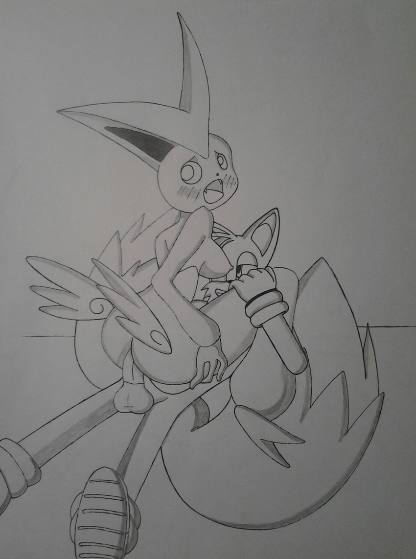 anthro balls blush breasts butt canine crossover duo female fox furrybro516 half-closed_eyes looking_back lying male mammal miles_prower monochrome nintendo nipples on_back open_mouth penetration penis pok&eacute;mon sega sex sonic_(series) straight victini video_games