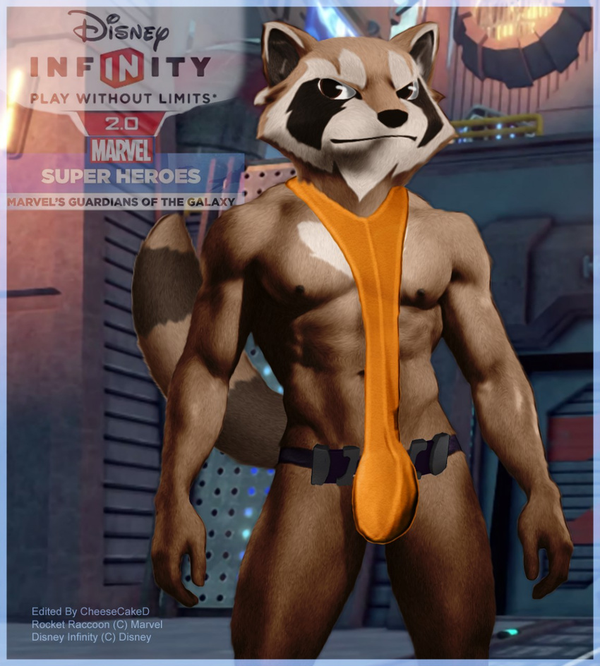 abs anthro anthrofied bulge cheesecaked guardians_of_the_galaxy gun male mammal mankini muscles pecs raccoon ranged_weapon rocket_raccoon solo weapon